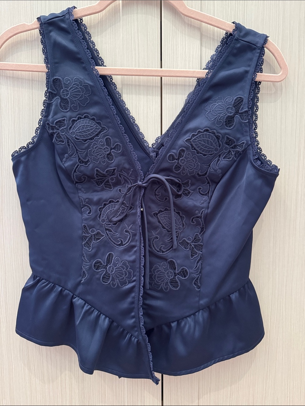 Guess Navy Floral Lace-Trim Corset silk top with Front Tie